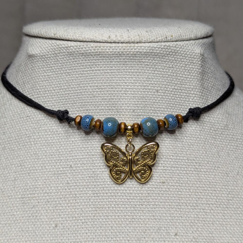 Butterfly Stainless Charm Ceramic Beaded Blue Gold Boho Y2K Choker Necklace